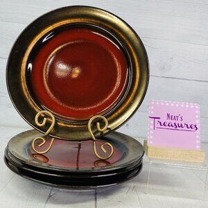 Over and Back Crackled Design Red Bronze Rim Round Ceramic Dinner Plates Set 4